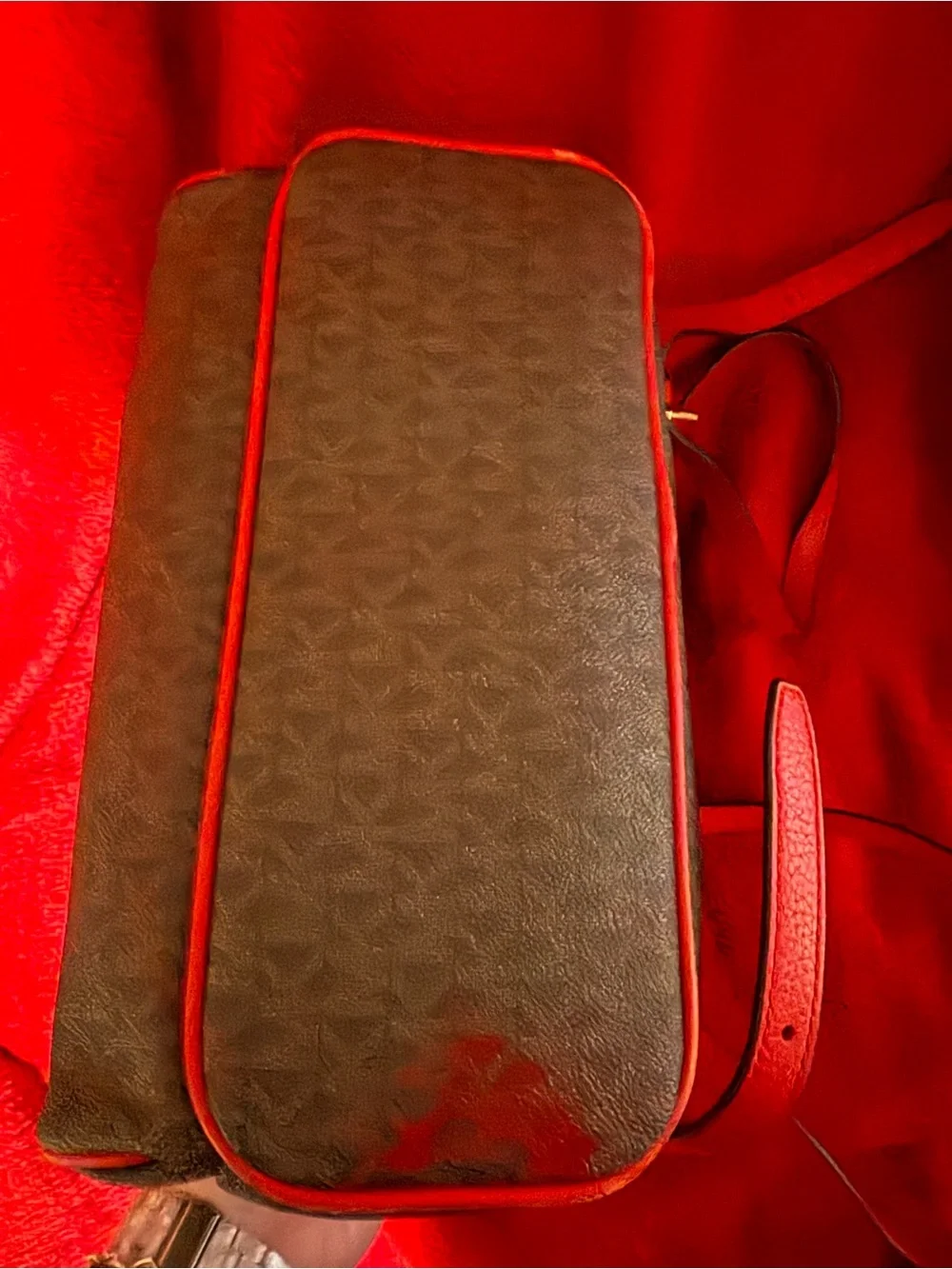 Michael Kors Brown Monogram Backpack with Red Trim and Gold Logo